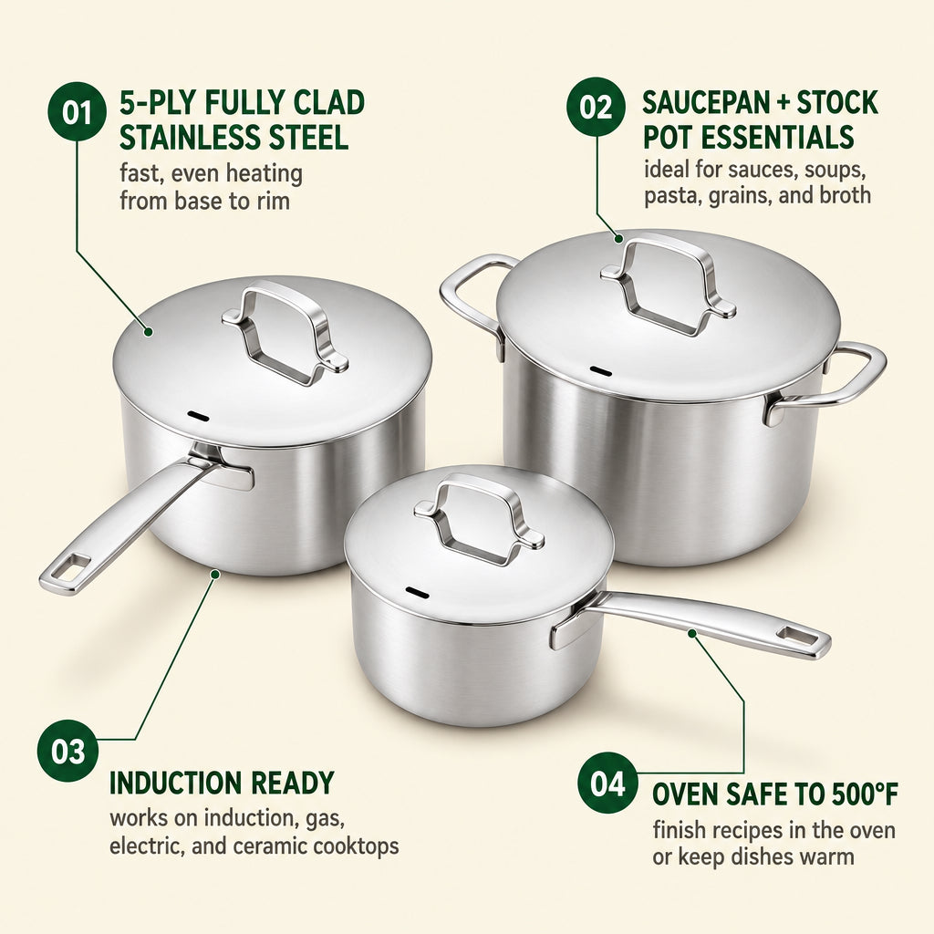 5-Ply Stainless Pot Set, 6-Piece